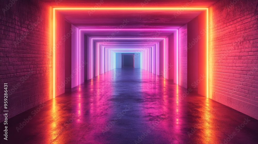 A long hallway with neon lights that are in different colors. A long hallway with neon lights that are in different colors.
