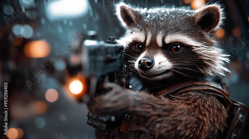 A CGI raccoon character wielding a gun with determination, captured in an intense action scene, showcasing themes of bravery, adventure, and high-detail animation artistry. photo