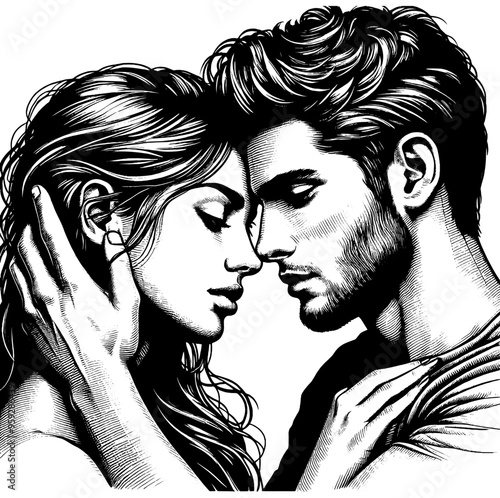 Romantic couple embracing in a detailed black and white illustration. Vector, generative ai.