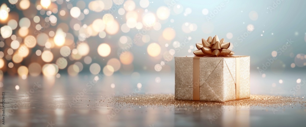 A gold box with a bow on top sits on a table A gold box with a bow on top sits on a table