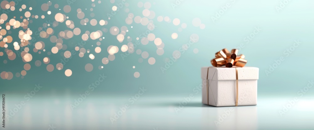 A white box with a gold bow on top sits on a blue background A white box with a gold bow on top sits on a blue background