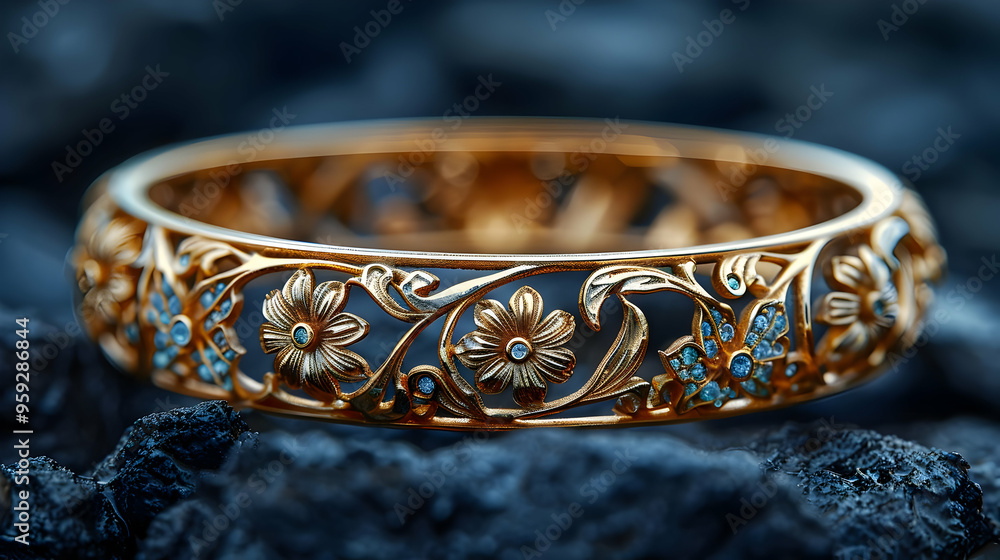 Gold Floral Bracelet with Blue Gemstones - Realistic Image Gold Floral Bracelet with Blue Gemstones - Realistic Image