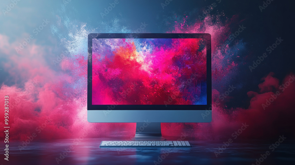Modern computer with vibrant abstract background and colorful smoke effects. Modern computer with vibrant abstract background and colorful smoke effects.