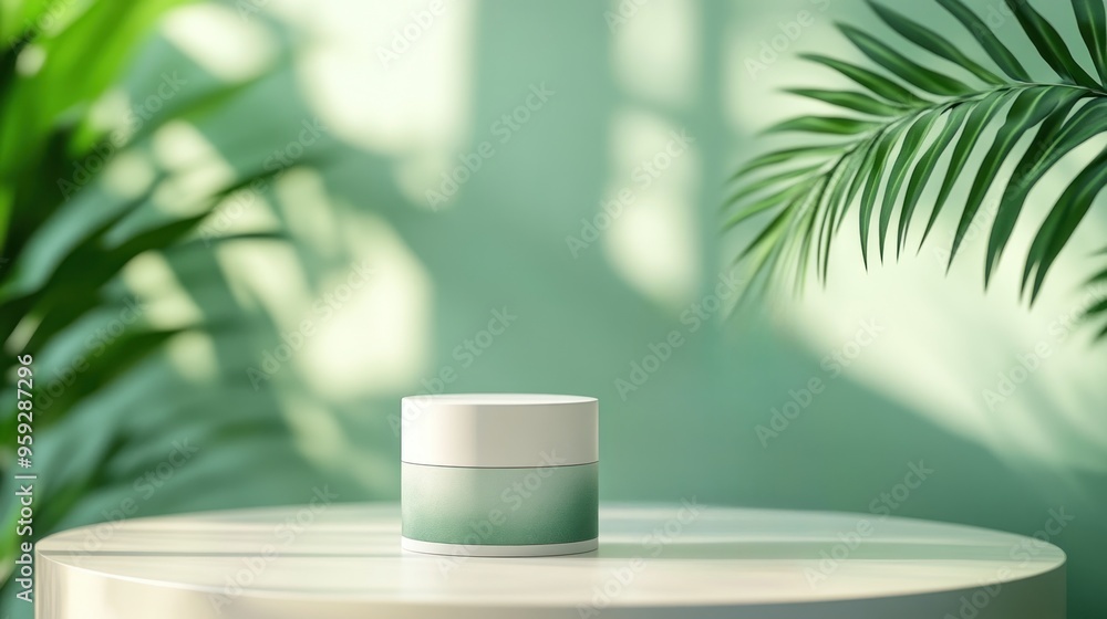 A small white jar of cream sits on a table next to a green leafy plant. The scene is set in a bright, sunny room with a green wall and a white table. The jar of cream is the main focus of the image. A small white jar of cream sits on a table next to a green leafy plant. The scene is set in a bright, sunny room with a green wall and a white table. The jar of cream is the main focus of the image.