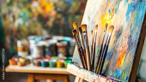 A peaceful artist's studio with an easel and vibrant splashes of color, focusing on a close-up of an artist skillfully working with paintbrushes.