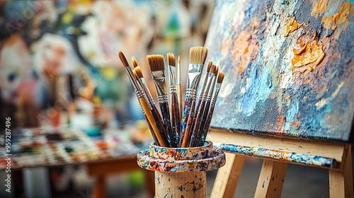 A peaceful artist's studio with an easel and vibrant splashes of color, focusing on a close-up of an artist skillfully working with paintbrushes.