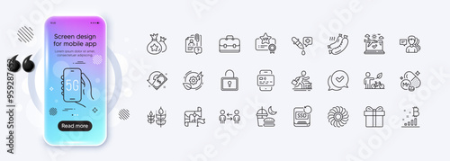 Teamwork business, Recovery ssd and Gluten free line icons for web app. Phone mockup gradient screen. Pack of Search employee, Card, Loyalty points pictogram icons. Vector