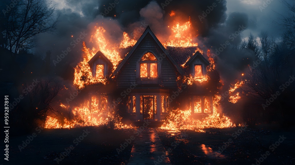 A house engulfed in flames at night, caused by a natural gas explosion, the remains of the structure crumbling with embers glowing softly, realism, dark tones, for insurance documentation A house engulfed in flames at night, caused by a natural gas explosion, the remains of the structure crumbling with embers glowing softly, realism, dark tones, for insurance documentation