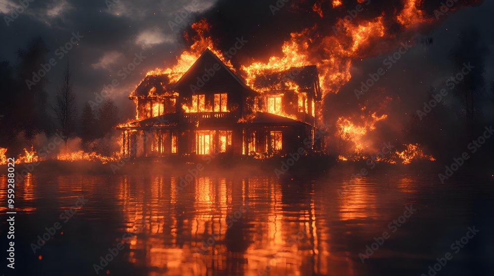 A house engulfed in flames, fiery inferno lighting up the night sky, dramatic fire reflections on nearby objects, realistic, dark and intense, photography style A house engulfed in flames, fiery inferno lighting up the night sky, dramatic fire reflections on nearby objects, realistic, dark and intense, photography style