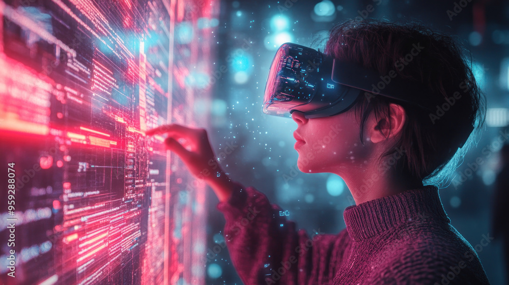 custom made wallpaper toronto digitalA user interacts with virtual reality interface, exploring digital data in futuristic environment. scene is vibrant and immersive, showcasing technologys potential..