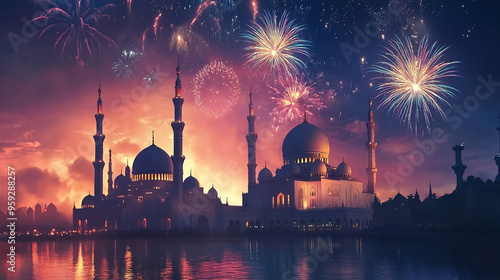 Festive Islamic Celebration with Fireworks in Sky photo