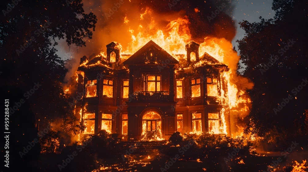 A luxury mansion consumed by flames during nighttime, intense fire spreading rapidly, sparks flying, a devastating loss for insurance calculations A luxury mansion consumed by flames during nighttime, intense fire spreading rapidly, sparks flying, a devastating loss for insurance calculations