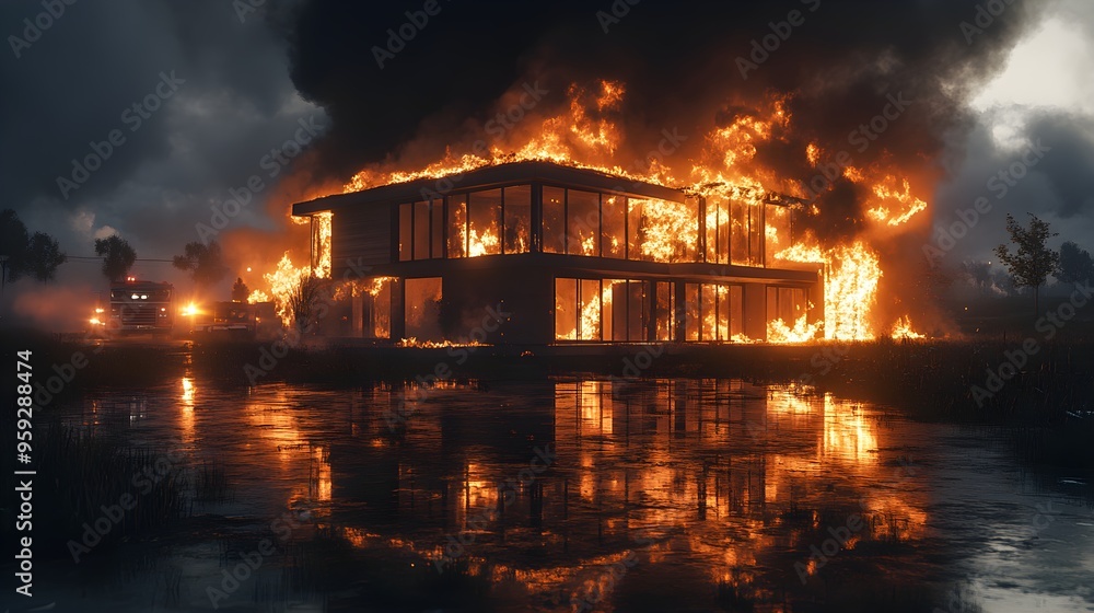 A modern house fully on fire at midnight, roaring flames consuming the structure, emergency vehicles in the distance, high insurance risk scenario A modern house fully on fire at midnight, roaring flames consuming the structure, emergency vehicles in the distance, high insurance risk scenario