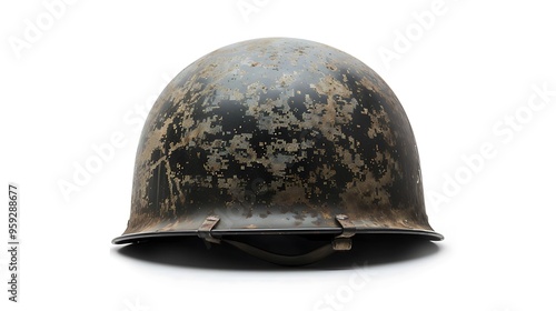 A worn military helmet showcasing signs of use and wear.