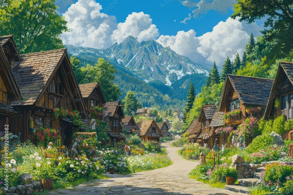 Scenic Village with Mountains and Lush Flora Scenic Village with Mountains and Lush Flora