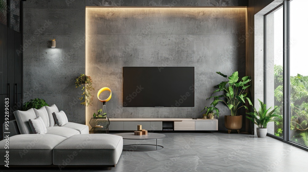 Contemporary living room with TV and comfortable sofa. AI generated image Contemporary living room with TV and comfortable sofa. AI generated image