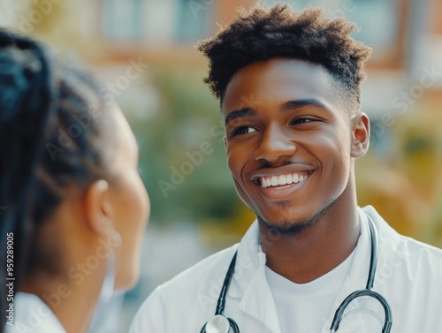 Happy Medical Professional Smiling at a Friend photo