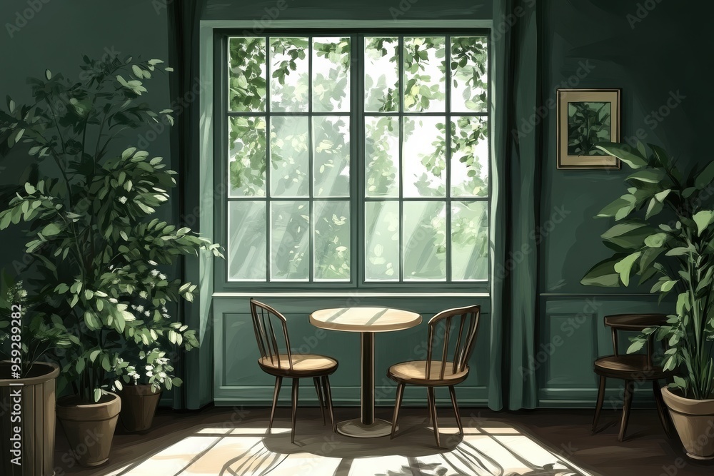 Fototapeta premium Cozy Indoor Space with Plants and Sunlight