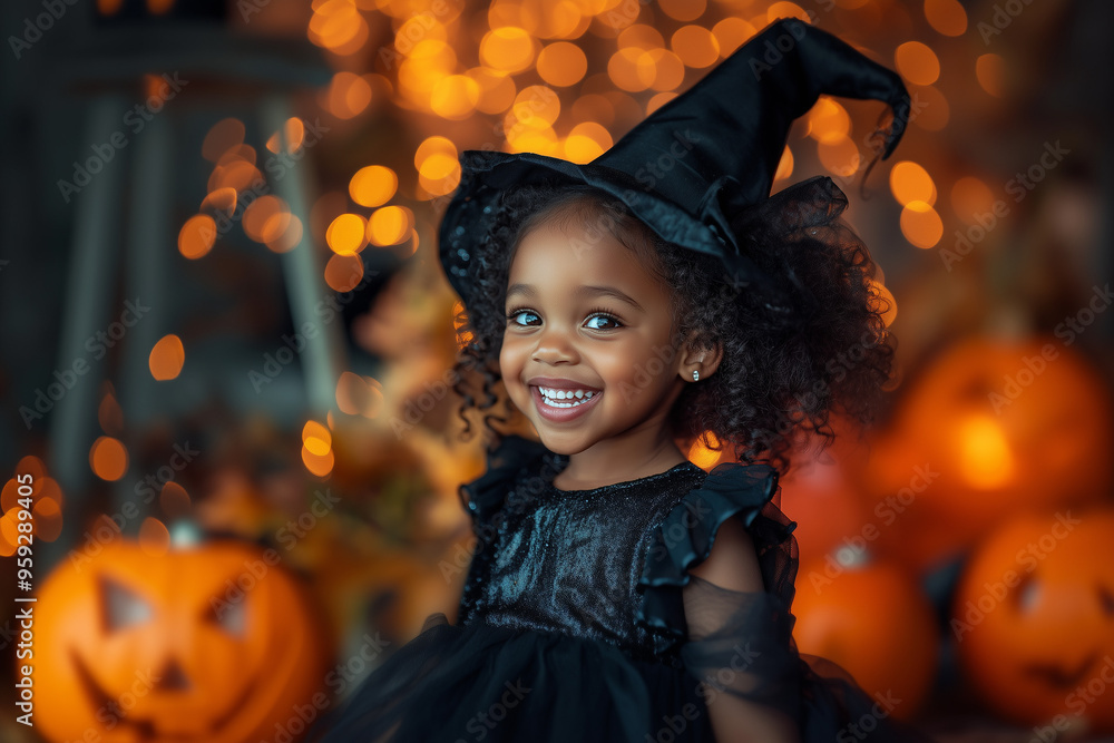 Little Black Girl Wearing Halloween Costume Ready to Trick-or-Treat Little Black Girl Wearing Halloween Costume Ready to Trick-or-Treat
