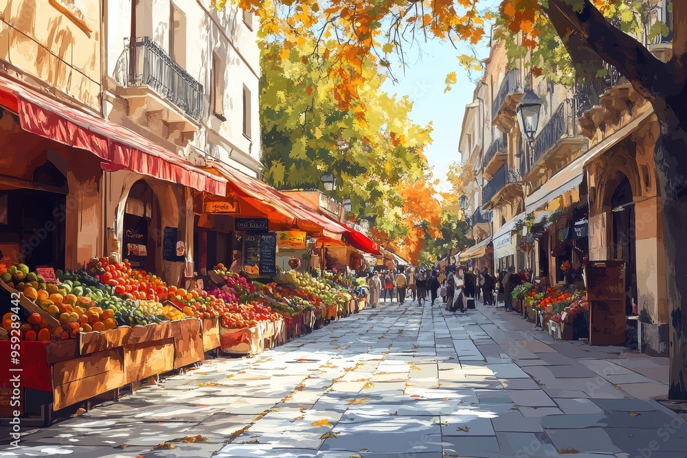 Fototapeta premium Autumn Market Scene with Colorful Stalls and Trees