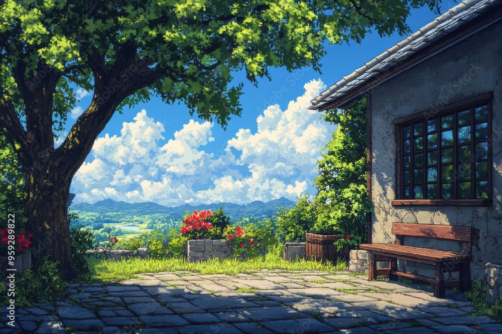 Fototapeta premium Serene Garden View with House and Tree