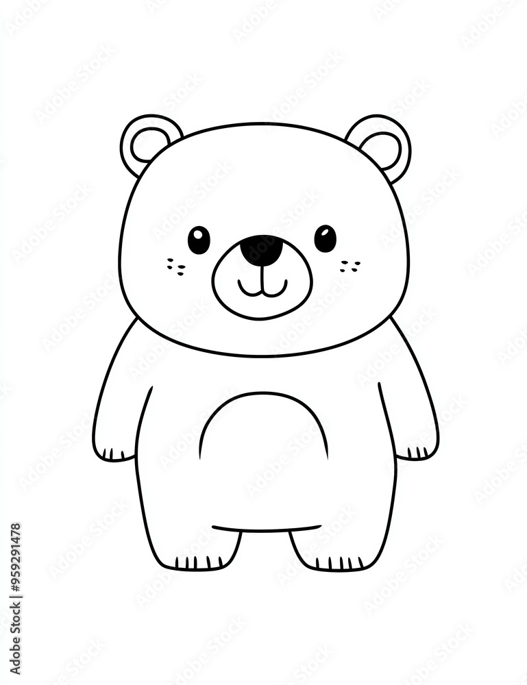 Fototapeta premium Cute bear simple line art, vector illustration for kids' coloring page with a white background. 