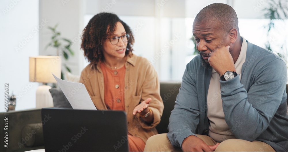 Fototapeta premium Complain, financial paperwork or couple with depression, finance documents and budget in recession. Stress, interest rates or worried African people frustrated by house bills or debt with inflation