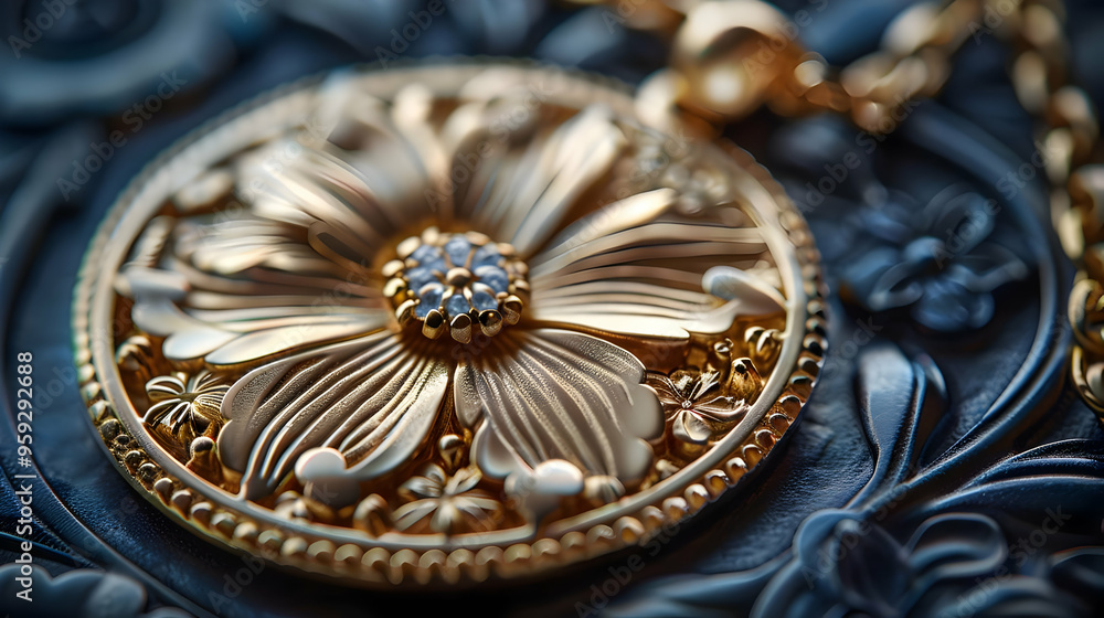 Closeup of a Golden Flower Pendant with Blue Gemstone - 3D Illustration Closeup of a Golden Flower Pendant with Blue Gemstone - 3D Illustration