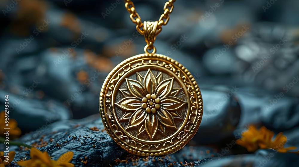 Golden Pendant with Flower Design Illustration Golden Pendant with Flower Design Illustration