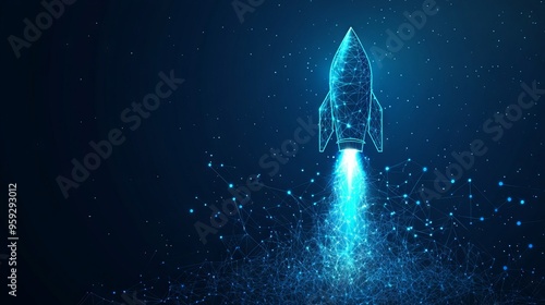 Digital growth arrows up and abstract rocket launch on dark blue technology background. Glowing connected dots and lines. Boosting and Rapid growth concepts. Low poly wireframe vector illustration. photo