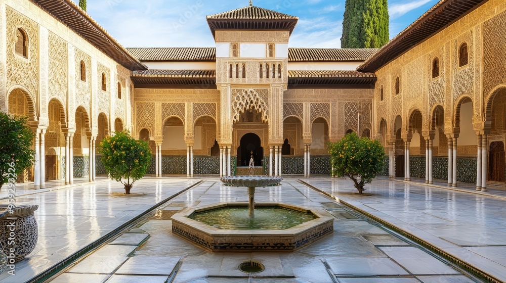 Fototapeta premium Magnificent Palace with Ornate Gates and Grand Fountain: An Architectural Masterpiece