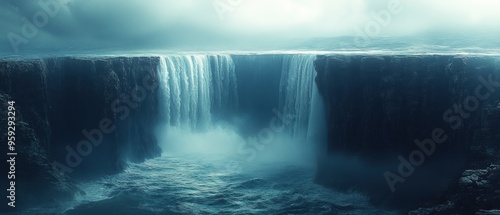 Ethereal Waterfall Plunging into a Foggy Sea
