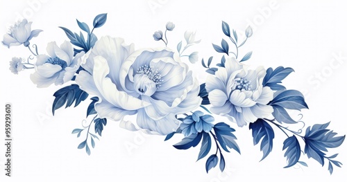 A beautiful floral design featuring blue and white peonies and leaves, ideal for decoration or artistic use.