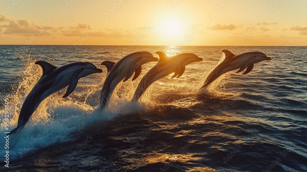 Fototapeta premium Dolphins Leap into Sunset: Stunning Ocean Wildlife Photography