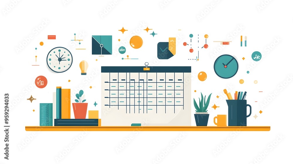 A flat design of a conference schedule with icons for sessions and breaks A flat design of a conference schedule with icons for sessions and breaks
