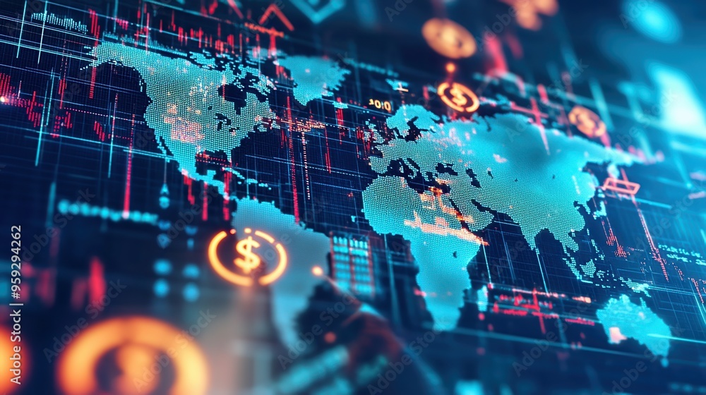 A digital world map showcasing global finance with data patterns, icons, and vibrant colors representing modern economic connections. A digital world map showcasing global finance with data patterns, icons, and vibrant colors representing modern economic connections.