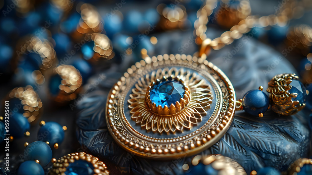Close Up of a Gold Pendant with a Blue Gemstone Close Up of a Gold Pendant with a Blue Gemstone