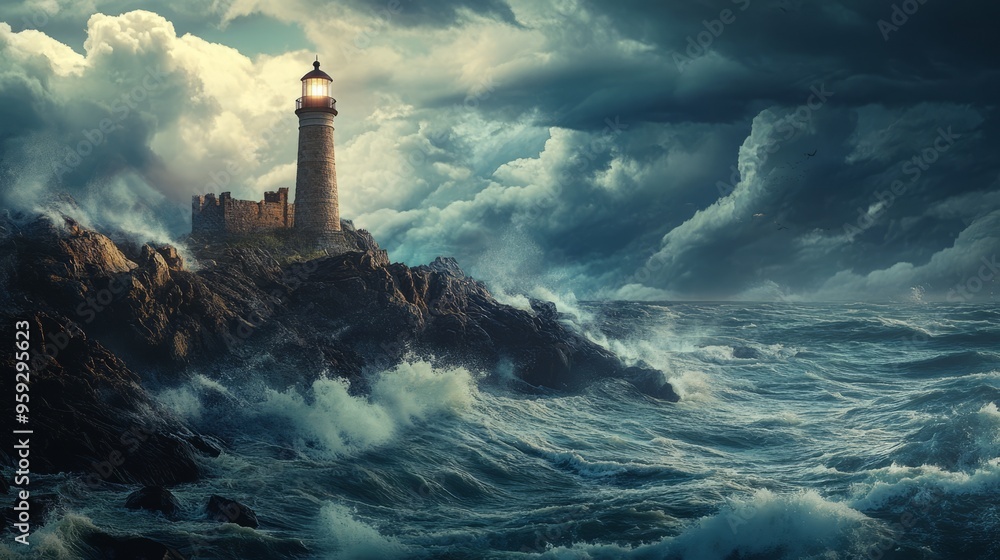 Lighthouse on Rocky Cliff Against Stormy Sea: A Majestic View Lighthouse on Rocky Cliff Against Stormy Sea: A Majestic View