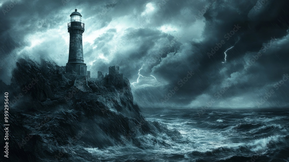 Lighthouse on a Stormy Cliff: A Majestic Coastal Scene Lighthouse on a Stormy Cliff: A Majestic Coastal Scene