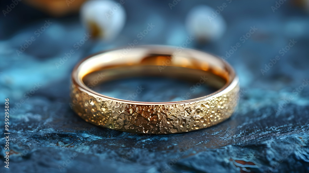 Gold Ring with Textured Surface on Blue Background - Photo Gold Ring with Textured Surface on Blue Background - Photo