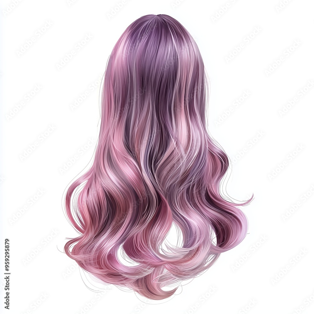 Naklejka premium A long, wavy wig for children, with pastel pink highlights, isolated on a white background