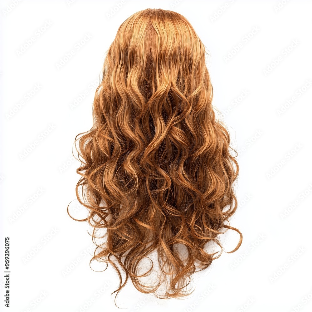 Naklejka premium A glamorous long curly wig for women, with soft waves and a honey blonde color, isolated on a white background