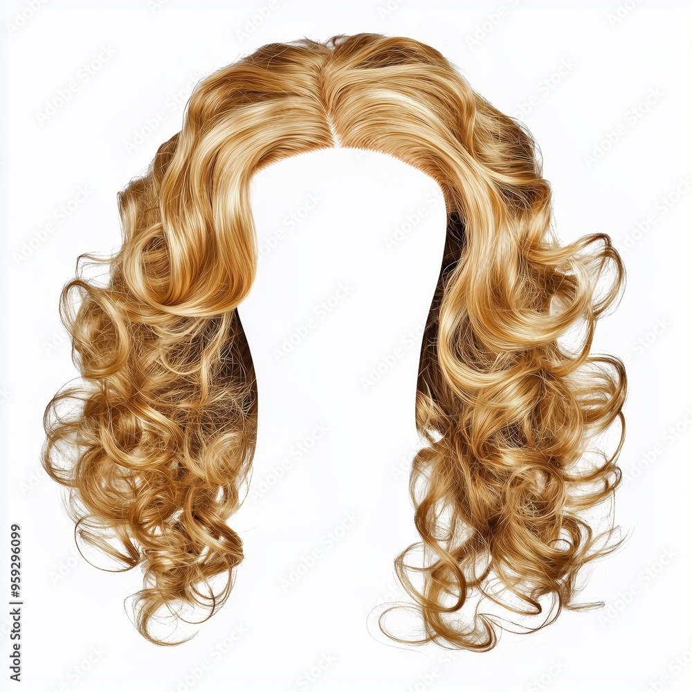 A curly blonde wig for children, with soft ringlets, isolated on a white background A curly blonde wig for children, with soft ringlets, isolated on a white background
