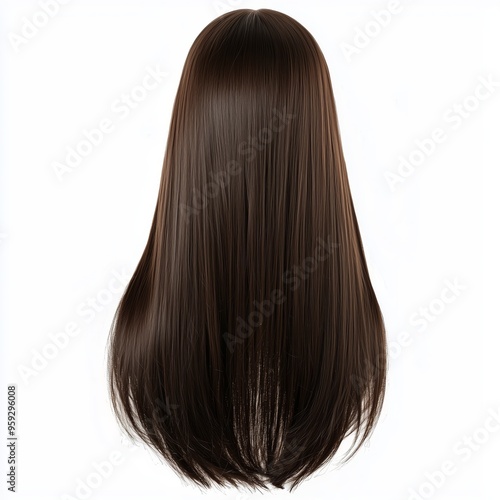 A trendy, long straight wig for women, with a center part and dark brown color, isolated on a white background