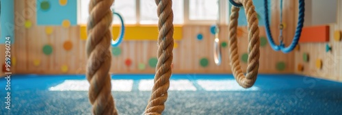 Wooden gymnastic rings and ropes for indoor activities for children. photo