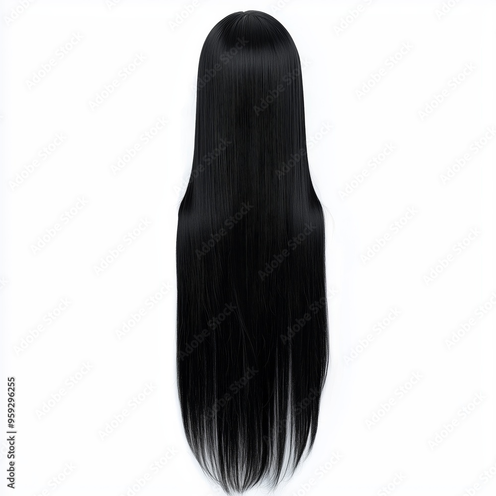 A long, sleek straight wig for women, in jet black color, isolated on a white background A long, sleek straight wig for women, in jet black color, isolated on a white background