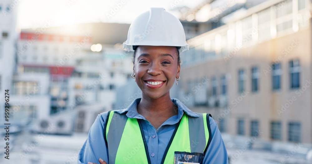 Construction worker, rooftop and black woman portrait with architecture and urban planning with success outdoor. Architect, civil engineering and smile in city with quality assurance work in Brazil Construction worker, rooftop and black woman portrait with architecture and urban planning with success outdoor. Architect, civil engineering and smile in city with quality assurance work in Brazil
