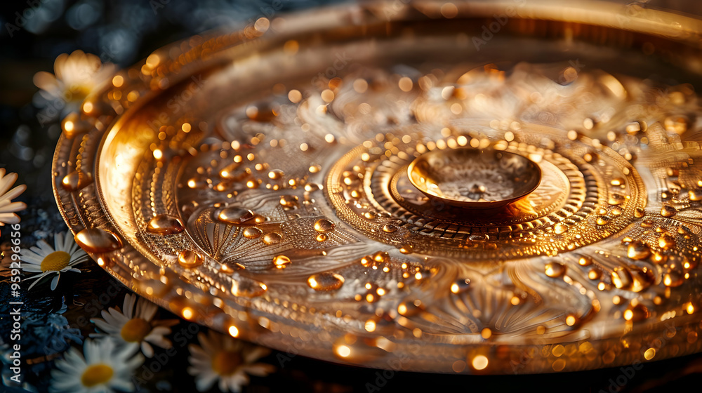 Golden Plate with Water Drops and Daisies - Photo Golden Plate with Water Drops and Daisies - Photo