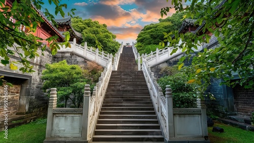 Low angle view of steps leading towards chinese gazebo at park. made with generative Ai