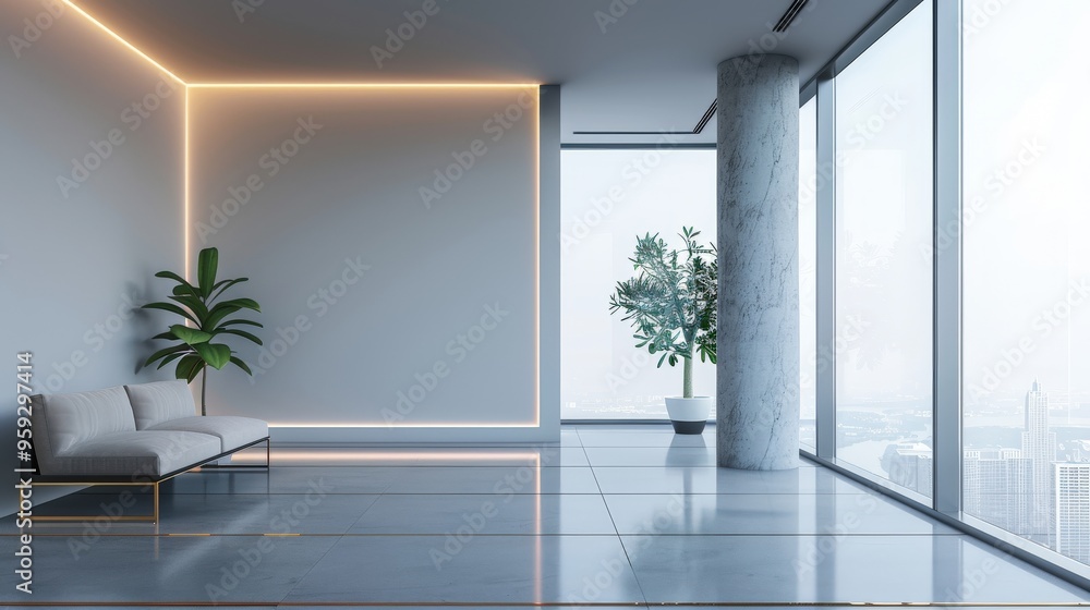 Fototapeta premium Contemporary interior with expansive empty walls, large windows, and an indoor plant, complemented by illuminated panels, highlighting the concept of spacious and minimalist design..